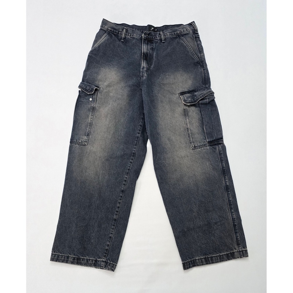H&M Baggy Fit Cargo Jeans Mens 34x32 Washed Black Wide Leg Denim Pants 1235414-0